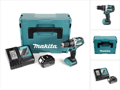 A Makita cordless impact drill set with a case, battery, and charger is displayed against a white background.
