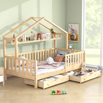 Produktbild von Kinderbett mit Lattenrost, Schubladen und Regal, 90x200 cm, Hausbett mit Rausfallschutz, Holzbett aus Kiefer, Einzelbett, Jugendbett, Stauraumbett