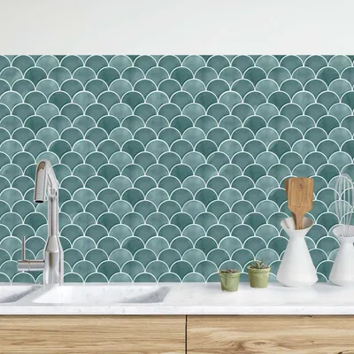 Produktbild von Küchenrückwand mit Motiv selbstklebend - 0.65 mm Wandpaneel wasserfest Design türkis Fliesenoptik Spritzschutz fugenlos