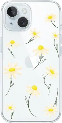 Produktbild von Flexible Hülle für das iPhone 15, TPU Silikon transparent, weiße Blumen, Gänseblümchen