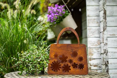 Produktbild von Pflanztasche  Windlicht mit Blüten Beetdeko Metall Rost Gartendeko Edelrost rostige Deko für den Garten