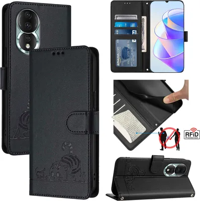Produktbild von Leder Hülle für Honor 80 Süße Katze Flip Case Brieftasche Schutzhülle mit Standfunktion Schwarz