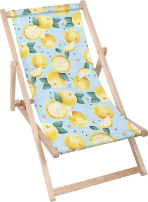 A folding deck chair with a blue fabric featuring a watercolor lemon pattern, set against a white background.
