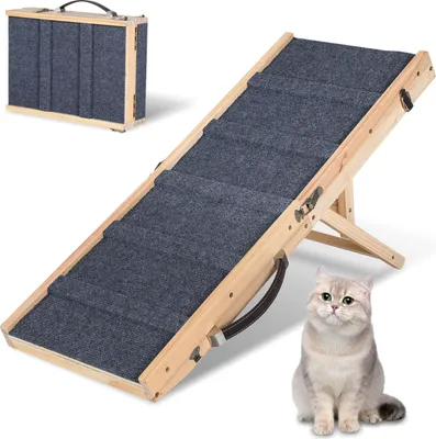 Produktbild von Jopassy Hunderampe Klappbar aus Holz, Haustierrampe 4 Stufen Verstellbar 19,5 cm bis 41 cm, Tierrampe mit Rutschfester 5 Pfoten-Traktionsmatte