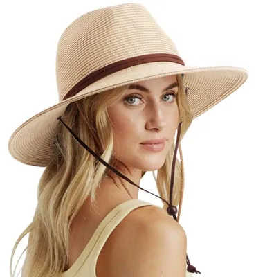 Produktbild von Panama Hut Damen Breiter Krempe Stroh Sommer Fedora Rollbar UV Sonnenhut UPF 50+ Khaki