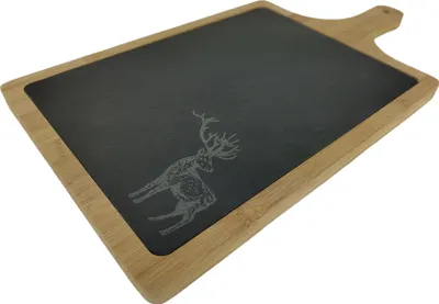 Produktbild von Servierbrett Holz Bambus mit Schieferplatte und Hirschmotiv 45x25cm