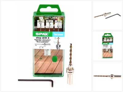 A collage of images showing a SPAX step drill bit set, its packaging, and a close-up of the drill bit in use on a wooden deck.