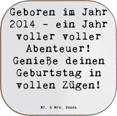 Produktbild von Mr. & Mrs. Panda Untersetzer Tasse Spruch 2014 Geburtstag Abenteuer - Weiß - Geschenk, für Gläser, Happy Birthday, Jahrgangsparty, feiern, Glückwunsch, Holzuntersetzer