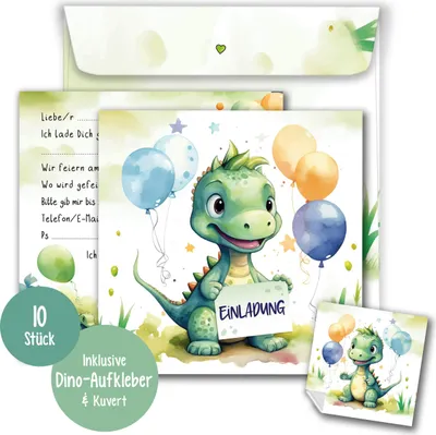 Produktbild von Dino Einladungskarten Kindergeburtstag Junge | XXL Dinosaurier Geburtstagseinladungen jungen 15 x 15 cm | 10er Set mit Umschlägen & Stickern | Einladungskarten Geburtstag