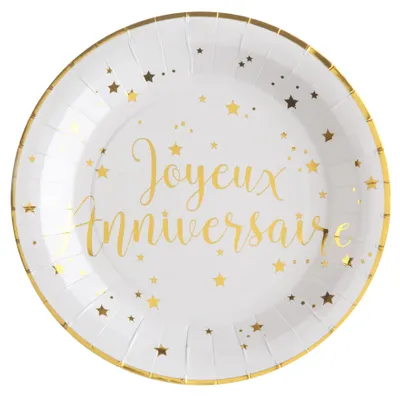 Produktbild von 10 Pappteller Happy Birthday weiß und gold 23 cm mit Sternen - Einheitsgröße