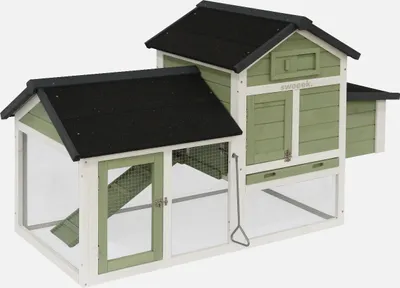 A wooden chicken coop with a run, shown from a slightly elevated side angle against a plain white background.