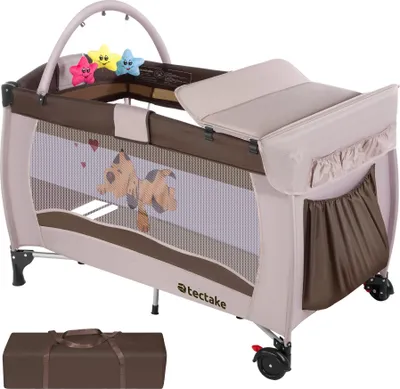 Image de Lit parapluie, Lit bébé pliant, Lit de voyage réglable 132x75x104cm + 1 Sac de Rangement - marron