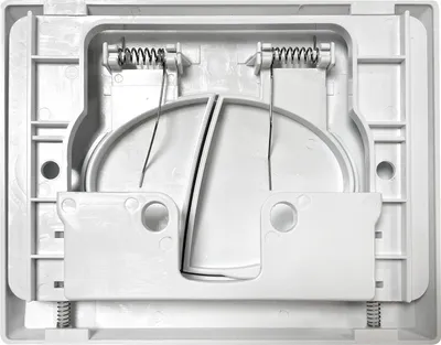 The image shows the internal mechanism of a toilet flush actuator plate.