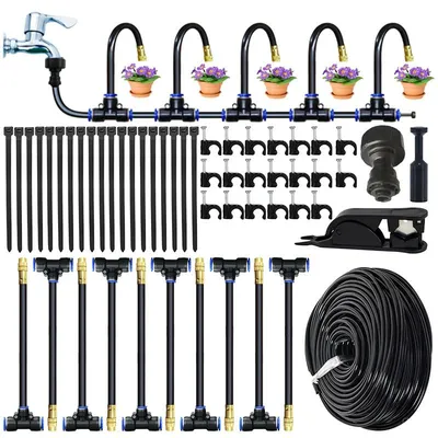Produktbild von Bewässerungsdüsen-Set, 10 m Wasserschlauch, Sprühdüse mit 20 cm Einstellring, inklusive 10 T-Stücken und 10 Rückschlagventilen/Bewässerungsstopfen.