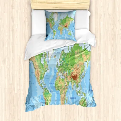 Produktbild von ABAKUHAUS Weltkarte Bettbezug Set für Einzelbetten, Topographische Bildung, Milbensicher Allergiker geeignet mit Kissenbezug, Aqua Grün