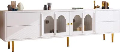 Produktbild von TV-Schrank mit Schubladen, Wohnzimmer-TV-Schrank mit gewölbter Glastür, goldenen Griffen und Beinen