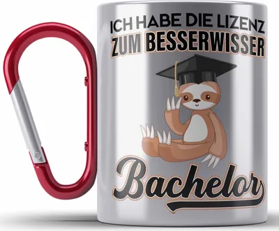 Produktbild von Trendation - Bachelor Geschenk Abschluss Edelstahl Tasse Karabiner Spruch Master Abitur Abi Graduation Bestanden Prüfung Lizenz zum Besserwisser (Rot)