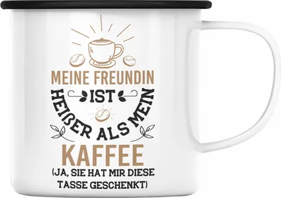Produktbild von Trendation -  Emaille Tasse für Freund Geschenk mit Sprüchen Valentinstag Emaille Emaille Tasse Ja Sie Hat Mir Diese Emaille Tasse Gekauft (Schwarz)