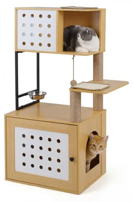 Productafbeelding van FANTASK, meerlaags krabboom voor katten, houten kattenkast met voerbak, sisal