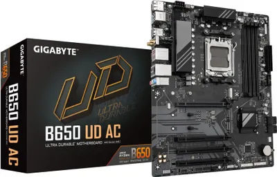 Produktbild von GIGABYTE B650 UD AC Mainboard - AMD Ryzen 9000er-Serie, 6+2+2 Phasen VRM, bis zu 8000 MHz DDR5 (OC), 1xPCIe 5.0 + 2xPCIe 4.0 M.2, GbE LAN, WIFI 5, USB 3.2 Gen 2, AMD, Sockel AM5, AMD Ryzen 7000 Series, AMD Ryzen 8000 Series, AMD Ryzen 9000 Series, Sockel AM5, DDR5-SDRAM, 256 GB