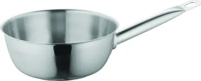 A stainless steel saucepan with a handle, isolated on a white background.