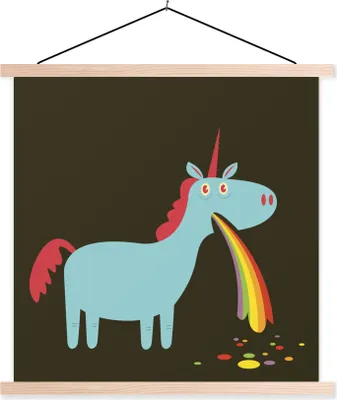 Produktbild von MuchoWow® Textilposter Eine Illustration eines Einhorns, das sich erbricht - Mädchen - Kinder - Kinder 40x40 cm mit holzfarbenen Rahmen - Posterleiste