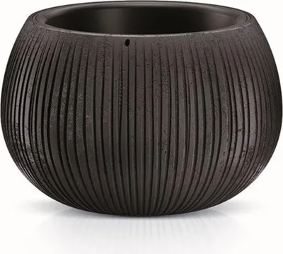 A dark, ribbed planter pot is shown against a white background.