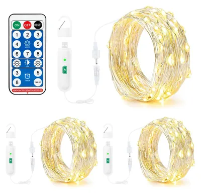 Obrázok produktu pre LED svetielka na batérie – Nabíjateľné – 3 x 100 LED diód – 10 metrov – Diaľkové ovládanie a USB nabíjací port – Vhodné na oslavy