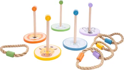 Produktbild von Engelhart Ringwurfspiel aus Holz mit Tiermotiven, bunte Wurfringe aus Schnur mit Holzperlen