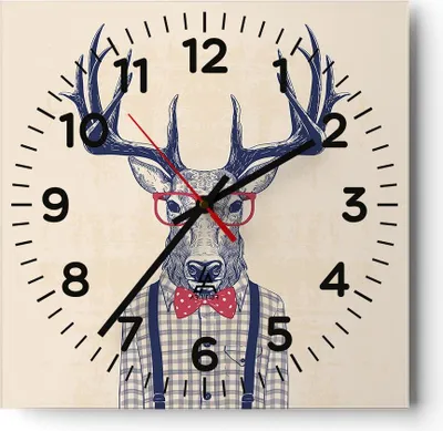 Produktbild von Wanduhr - Quadrat - Glasuhr - Charakter Hirsch Illustration hipster - 30x30cm - Schleichendes Uhrwerk - Lautlos - zum Aufhängen bereit - Dekoration Modern - Wanddekoration aus Glas - C4AC30x30-3120