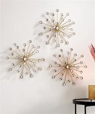 Produktbild von 3x 3D Wanddeko "Kristall-Blüte" aus Metall & Glassteinen, gold, Wandschmuck, Wandbild