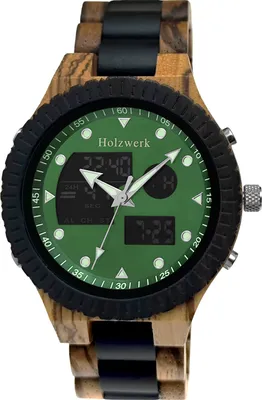 Produktbild von Holzwerk FILDERSTADT Designer Holz Digital & Analog Uhr mit Datum, grün, schwarz