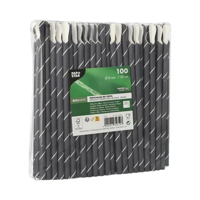 Produktbild von Trinkhalme mit Löffel, Papier Ø 8 mm · 20 cm schwarz/weiss "Stripes" [ 800 Stück ]
