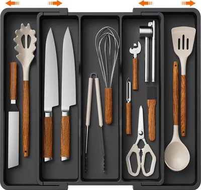 Image de Organisateur de tiroir - Pliable - En plastique adaptable - Rangement pour ustensiles de cuisine - Noir