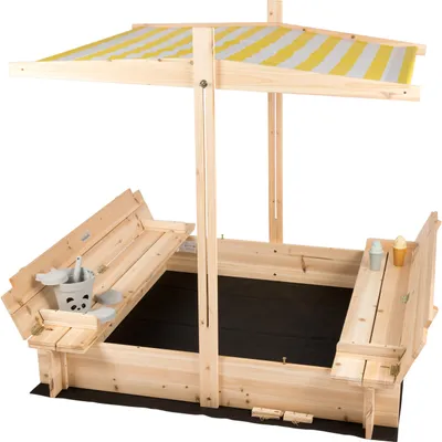 Image de needs&wants® Bac à sable avec couverture Toit Couvercle Banc et fond, bac à sable en bois carré fermant à clé Protection solaire UV avec banc Jardin extérieur pour enfants, 120x120 cm, Sapin, jaune blanc marron