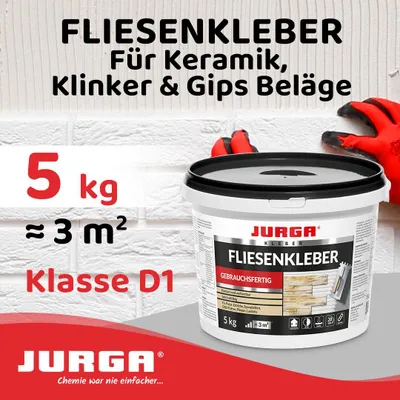 Produktbild von Jurga Fliesenkleber 5kg WEIß Flexkleber FÜR DEKO FLIESEN MOSAIK Fertig Innen, Ferigkleber für alle Dekofliesen aus Kermik, Kork, Porystyrol, Glas