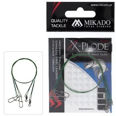 Image de Mikado, deux brins de fluorocarbone vert, longueur 25 cm, résistance 10 kg, avec agrafe n°7 et mousqueton de sécurité, pour la pêche au silure