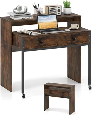Immagine prodotto di Scrivania allungabile - Scrivania per computer - Compatta - 2 cassetti - Con rotelle - Struttura in legno - Rettangolare - Kaki
