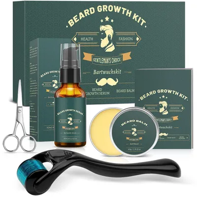 Produktbild von Bartwuchsset Bartroller Bartwuchsserum Bartbalsam Bartschere - 0,25 mm Titan-Mikronadeln - 30 ml Serum - 40 g Balsam - Für Vatertag und Geburtstag