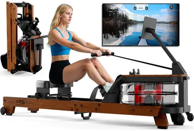 Zdjęcie produktu dla Wioślarz wodny – składany wioślarz wodny z drewna dębowego – sterowanie Bluetooth i aplikacja – wyświetlacz i uchwyt na tablet – maksymalne obciążenie 180 kg – maksymalna wysokość użytkownika 200 cm