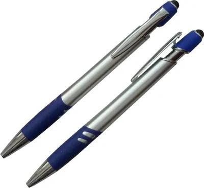 Produktbild von 10x Touchpen Kugelschreiber / mit Griffgummimanschette / Farbe: silber-blau