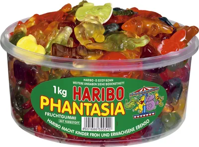 Produktbild von Haribo Phantasia, Weiche Süßigkeiten, 1 kg, Apfel, Schwarze Johannisbeere, Heidelbeere, Kirsche (Frucht), Fruits, Zitrone, Orange, Ananas,..., Mehrfarbig, 1452 kJ, 342 kcal