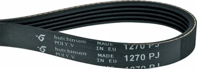 A black poly-v belt with white text and logos.