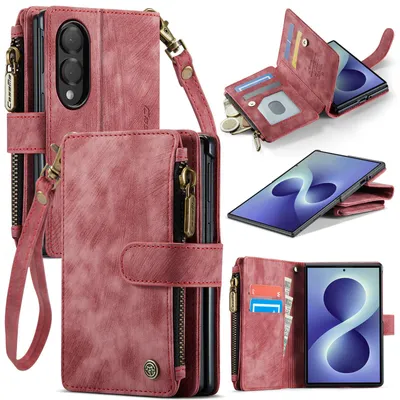 Produktbild von Handyhülle für Samsung Galaxy Z Fold 8 Reißverschluss Hülle Kunstleder Klapphülle Magnetverschluss Kartenfach Standfunktion Geldbörse Schutzhülle Rot
