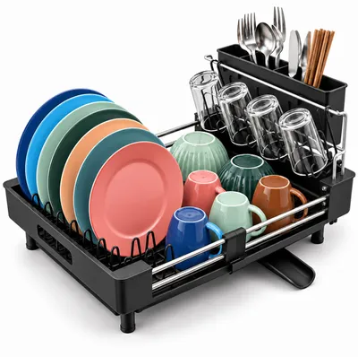 Produktbild von Relaxdays Abtropfgestell, Besteckkorb & Abtropfschale, Glashalter, ausziehbar, Abtropfgitter, PP, Edelstahl, schwarz, KI-generiertes Bild