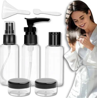 Immagine prodotto di set di 7 pezzi di flaconi da viaggio neri per cosmetici