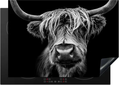 Produktbild von KitchenYeah© Herdabdeckplatte Schottischer Highlander - Hörner - Schwarz - Weiß - Kuh - Wild - Tiere , 75x52cm, Küche Deko, Glaskeramikkochfeld Herdabdeckung, Abdeckplatte fùr Kochfeld