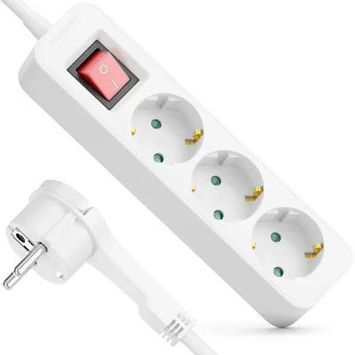 Produktbild von deleyCON 3-Fach Steckdosenleiste mit Flachstecker - 1,4m Kabel - Mit ON/OFF Schalter - Ideal hinter Möbel, Mehrfachsteckdose Stromkabel Verteiler Verlängerung Stromleiste 3680W 16A - Weiß