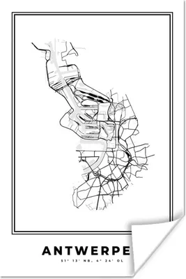 Produktbild von MuchoWow® Poster Stadtplan - Schwarz und weiß - Karte - Antwerpen - Belgien 20x30 cm - Papierdruck