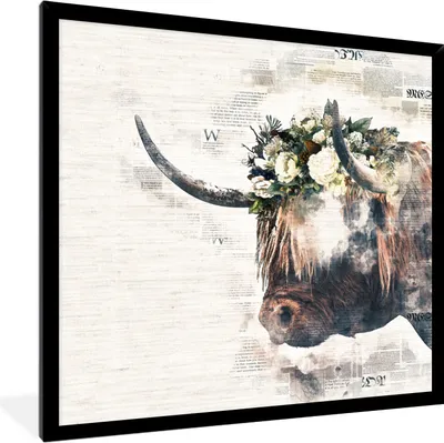 Produktbild von MuchoWow® MuchoWow® Gerahmtes Poster Schottisches Hochlandrind - Schottische Kuh - Blumen 40x40 cm - Poster mit zchwarzem Bilderrahmen - Mit Rahmen - Wanddekoration Schlafzimmer